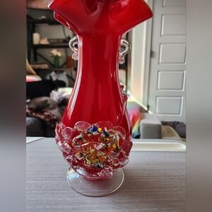 Used VINTAGE MID CENTURY TIVOLI MURANO APPLIED FLOWERS‎ RED ART GLASS VASE